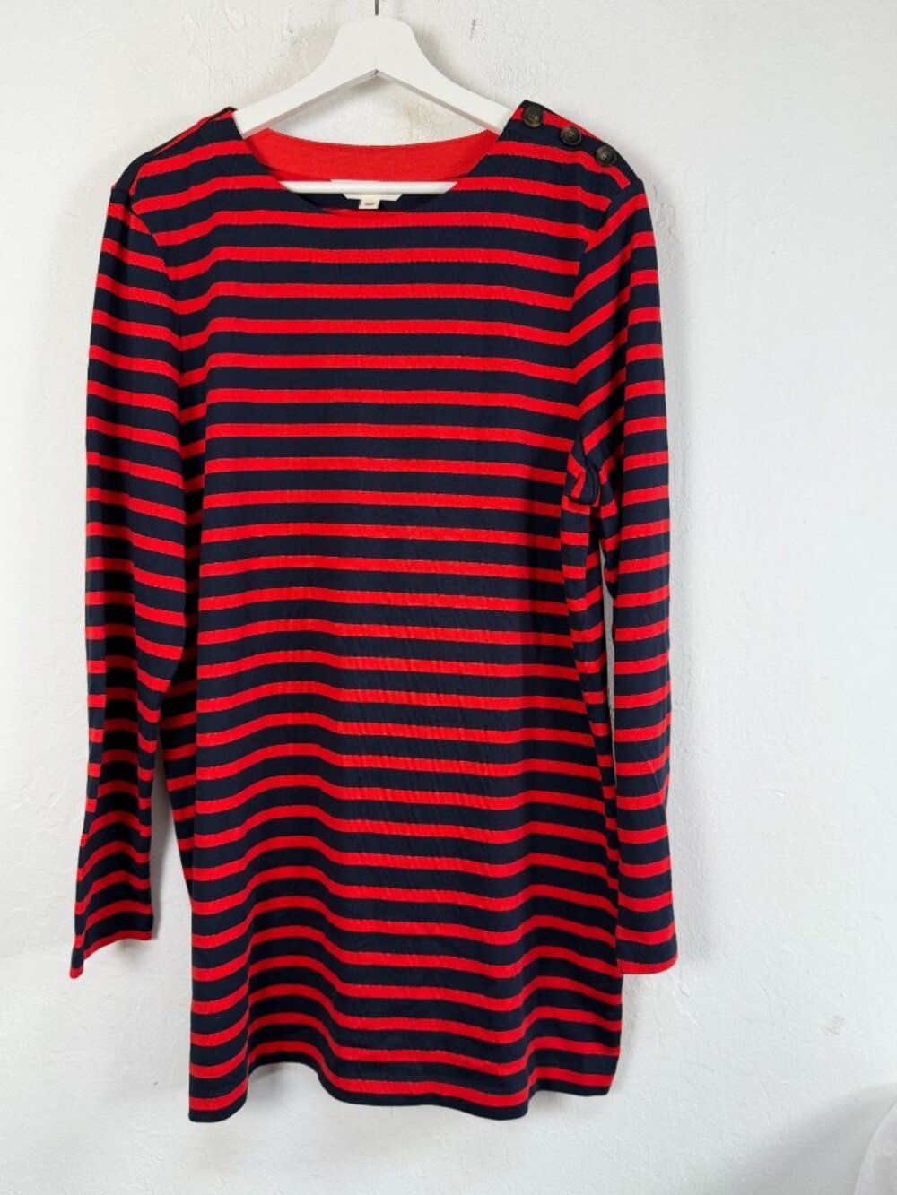 Boden Women's Tunic Top 14R Red Navy Striped Boatneck Nautical Button Shoulder